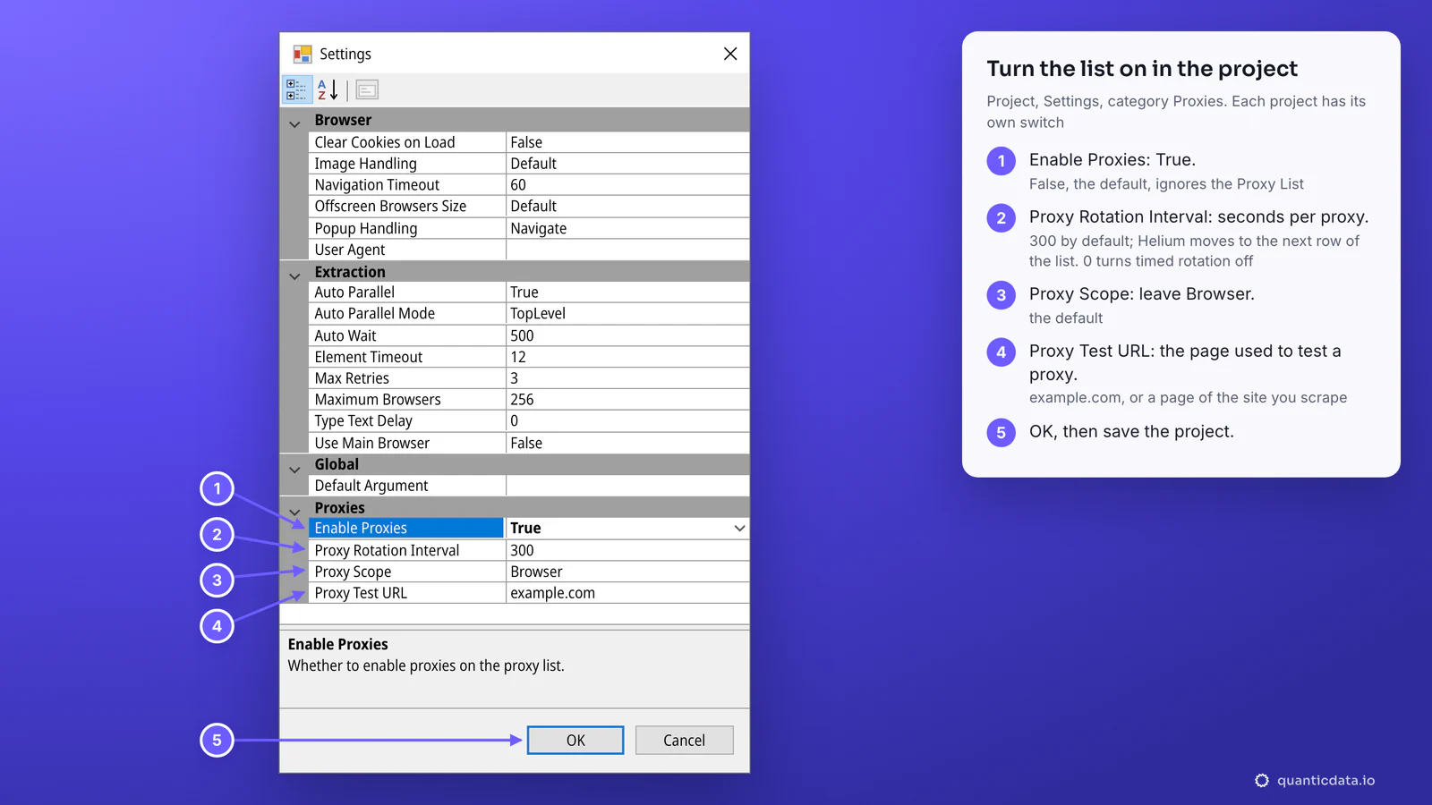 The Helium Scraper project Settings dialog with the Proxies category marked: Enable Proxies set to True, Proxy Rotation Interval 300, Proxy Scope Browser, Proxy Test URL example.com, the help line Whether to enable proxies on the proxy list, and OK; five numbered steps beside it