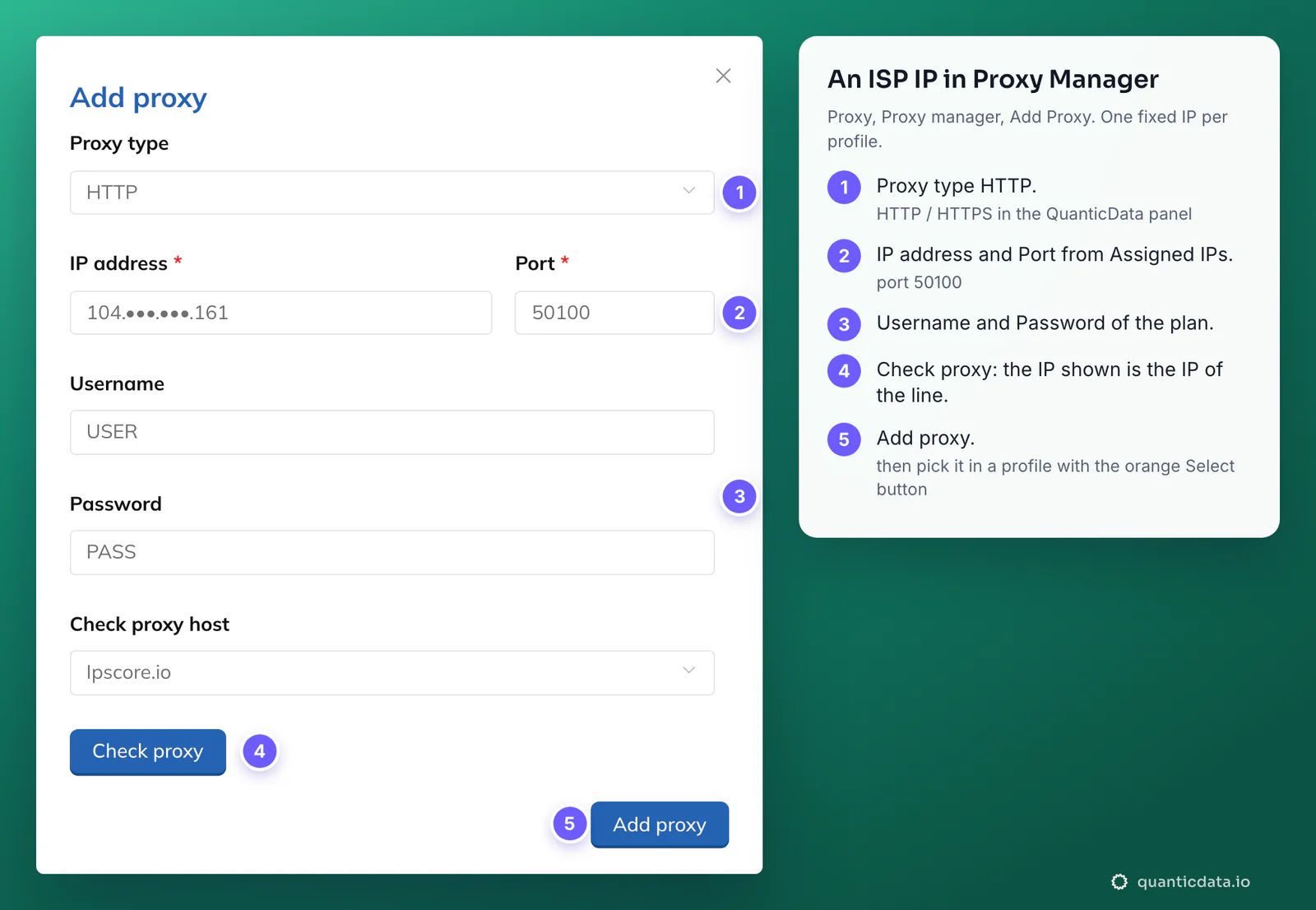 The Hidemium Proxy Manager Add proxy dialog with a QuanticData ISP IP 104.x.x.161 (masked): Proxy type HTTP, Port 50100, Username USER, Password PASS, Check proxy and Add proxy, with five numbered steps beside it