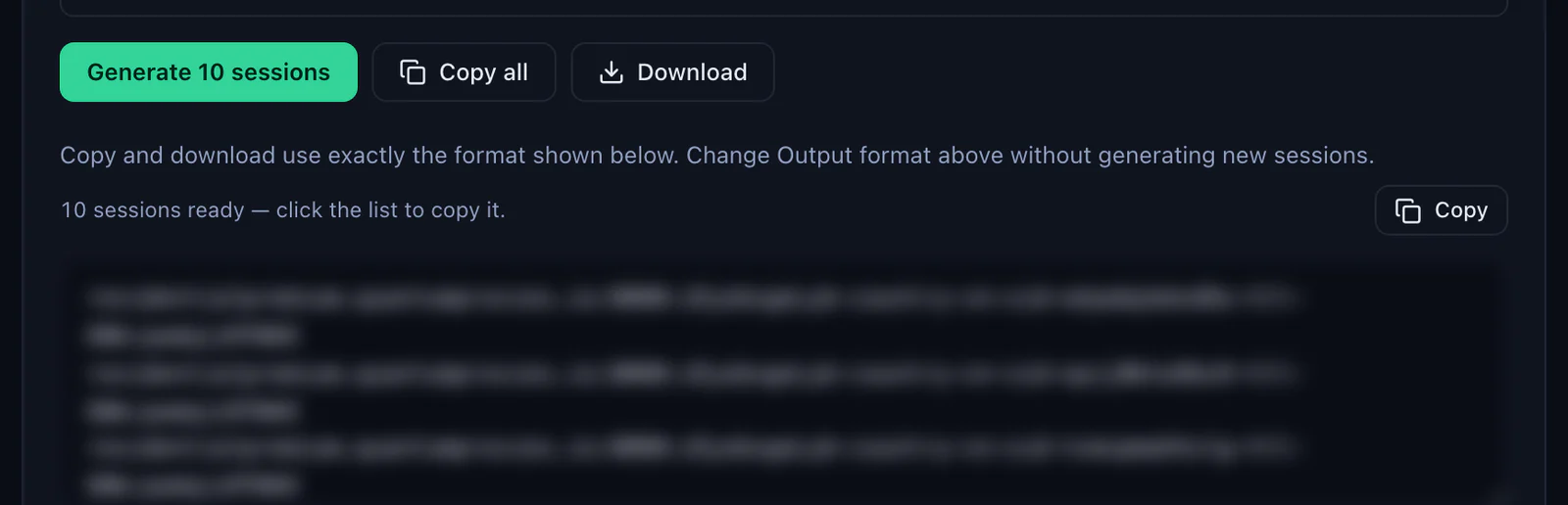 The Generate 10 sessions button in the QuanticData Endpoint generator with Copy all and Download, and the list of sticky lines ready to copy, credentials blurred