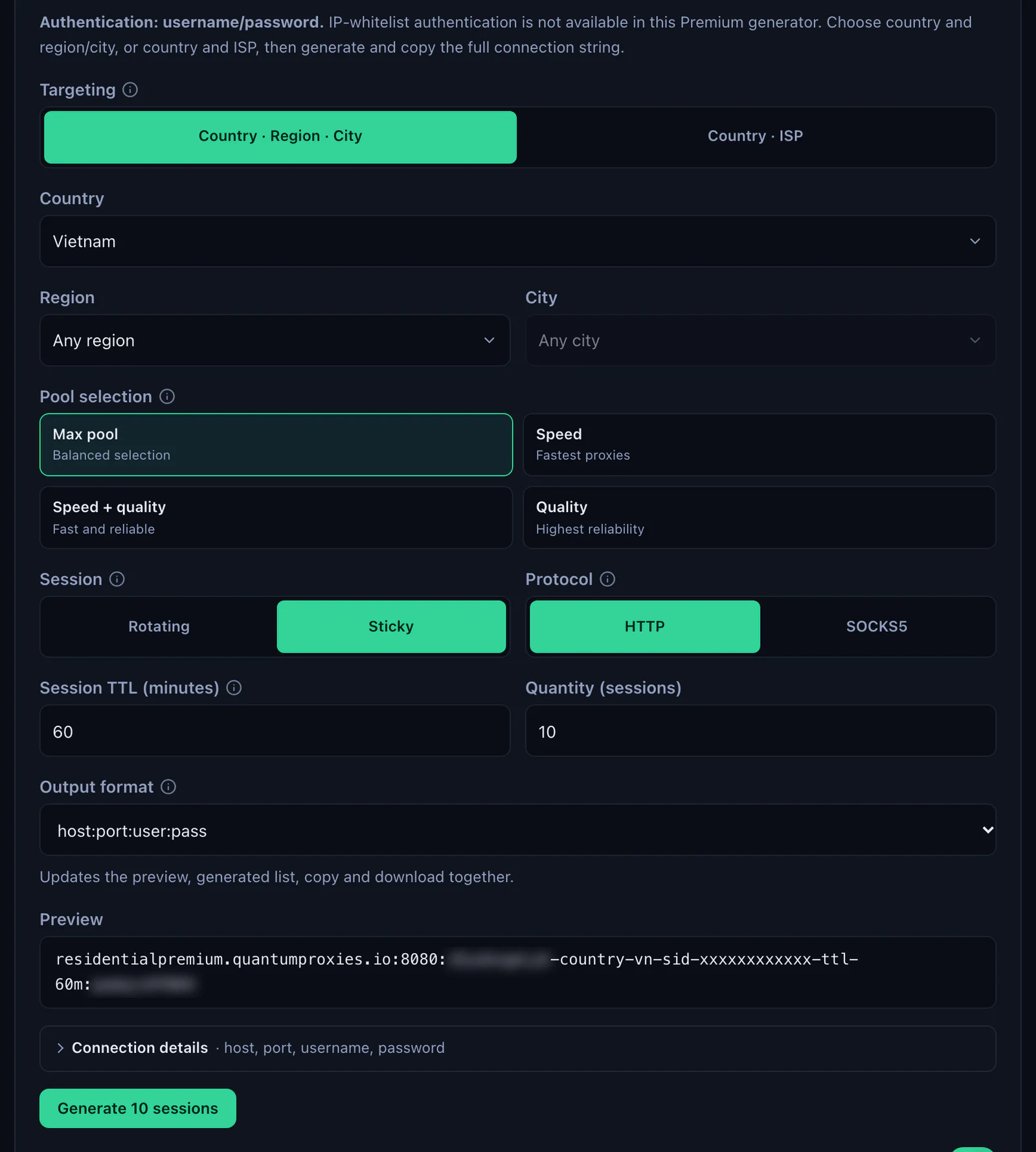 The QuanticData Endpoint generator for a Residential Premium plan: Vietnam selected, Session set to Sticky with a 60-minute TTL, HTTP protocol, output format host:port:user:pass and the preview line, with the username and password blurred