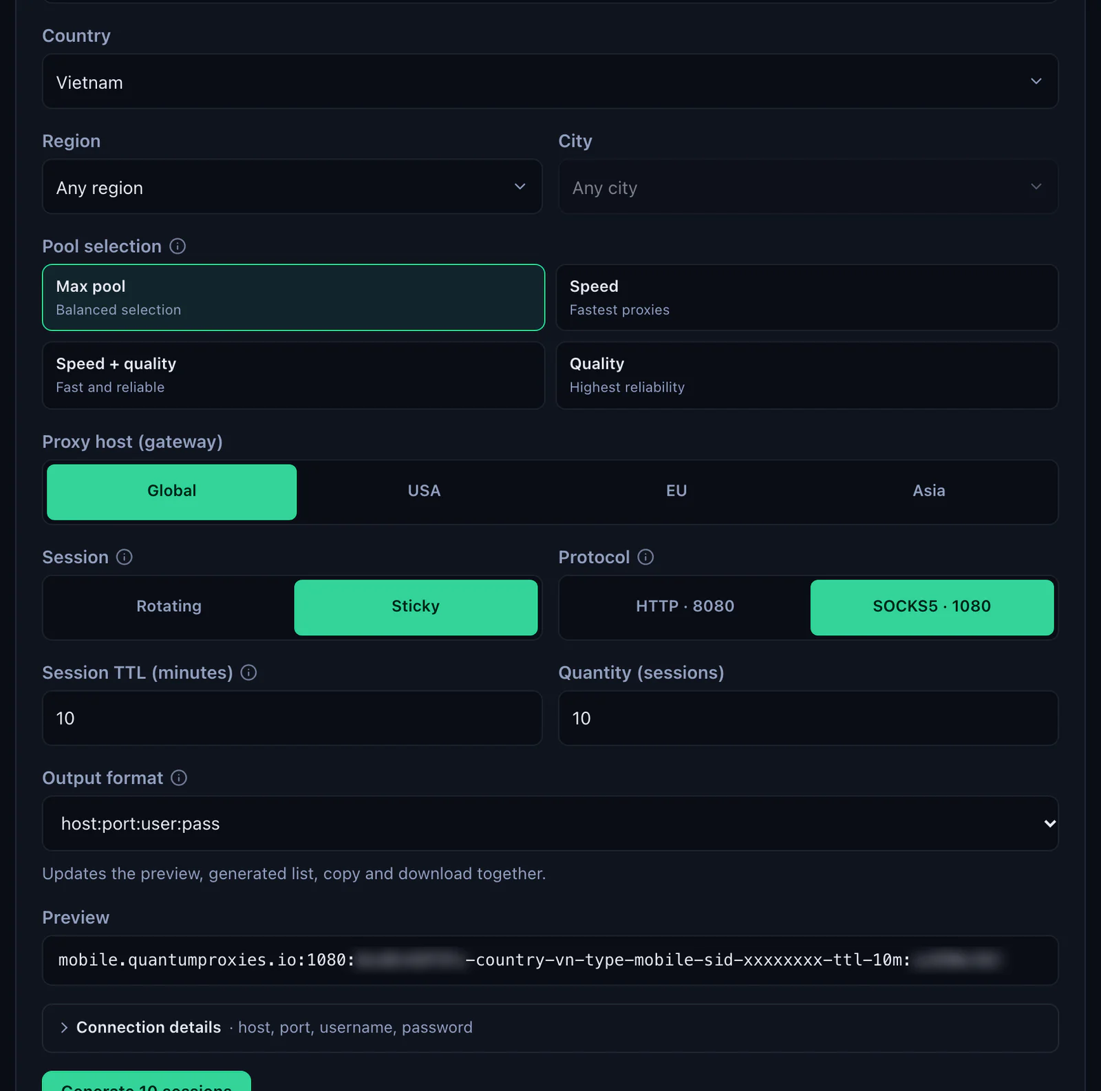 The QuanticData Mobile Endpoint generator: Vietnam selected, Global, USA, EU and Asia gateways, Sticky session, SOCKS5 on port 1080, output format host:port:user:pass and the preview line, credentials blurred