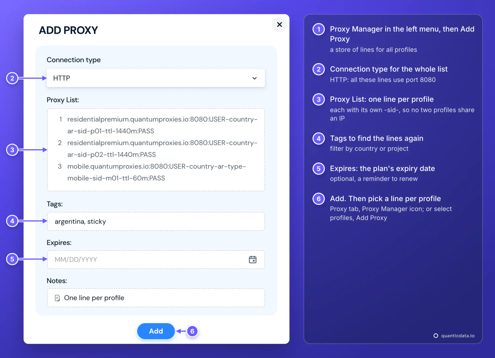 Hidemyacc Proxy Manager Add Proxy dialog with Connection type HTTP, a Proxy List of three QuanticData sticky lines for Argentina (two Residential Premium sessions p01 and p02, one mobile session m01), tags argentina and sticky, and the Add button; numbered steps on the right explain how each profile then takes its own line