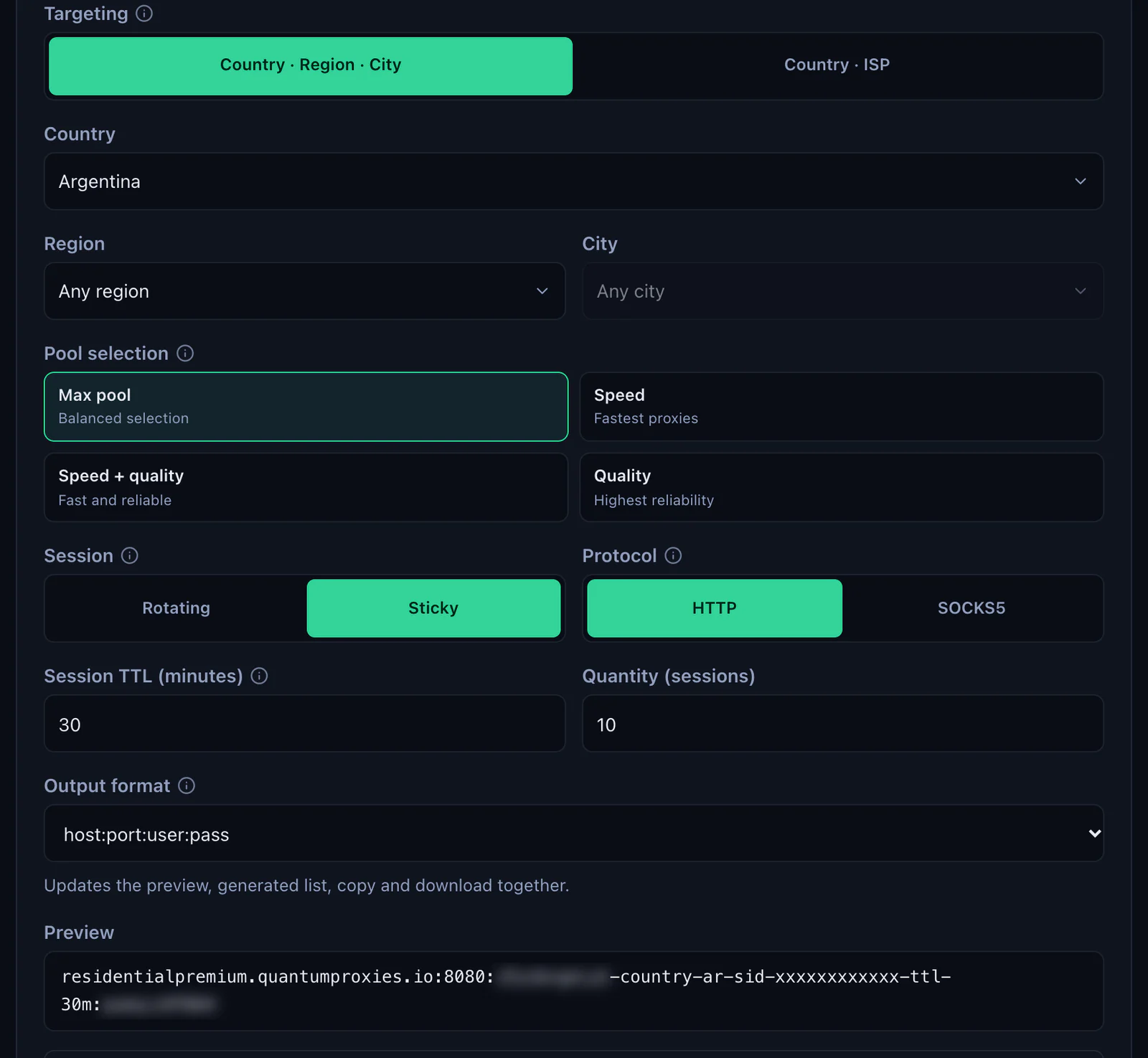 The QuanticData Endpoint generator for a Residential Premium plan: Argentina selected, Session set to Sticky with a 30-minute TTL, HTTP protocol, output format host:port:user:pass and the preview line, with the username and password blurred