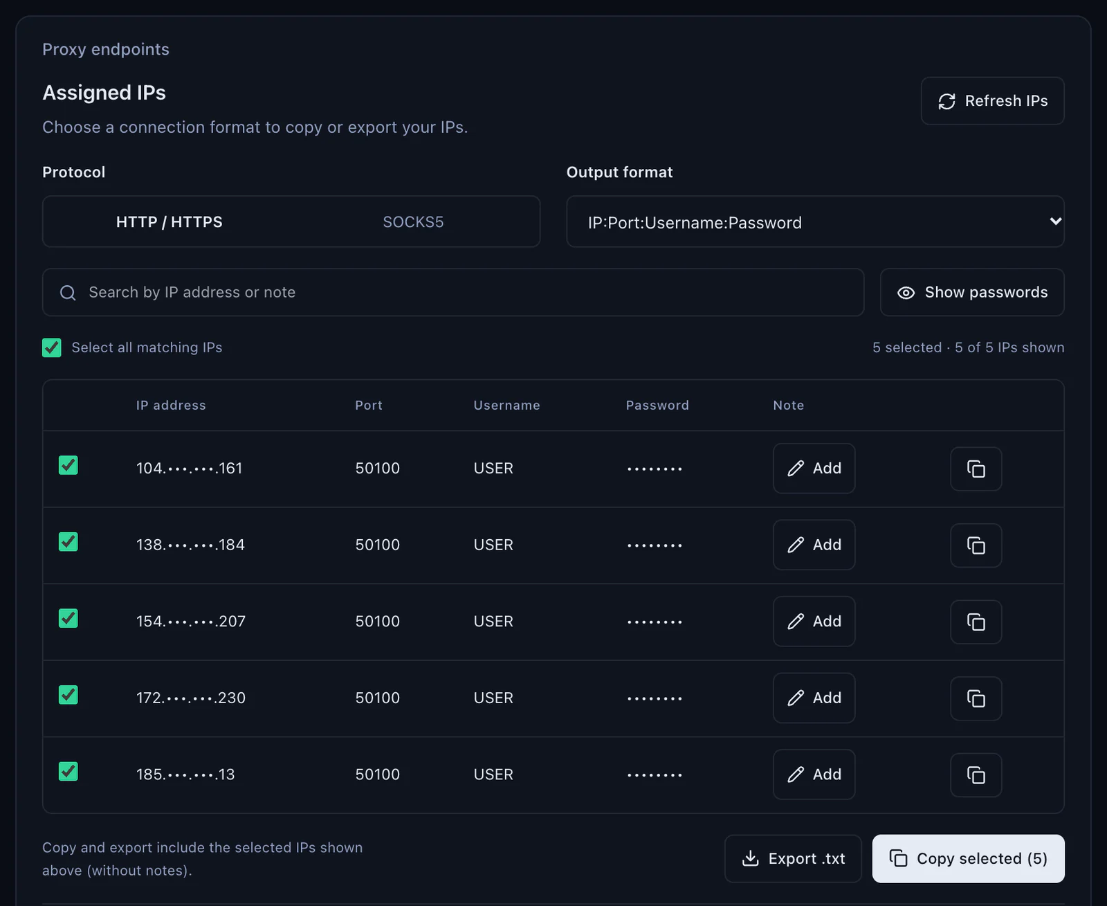 The Assigned IPs panel of a QuanticData ISP plan: Protocol HTTP/HTTPS or SOCKS5, Output format IP:Port:Username:Password, five sample IPs with the middle octets masked on port 50100 with USER as username and the password hidden, Export .txt and Copy selected