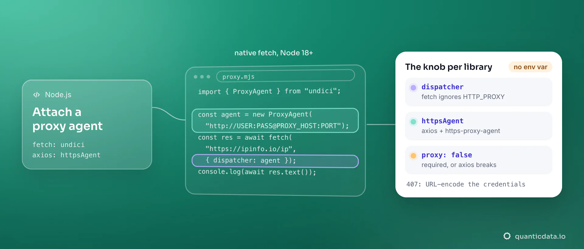 Node.js native fetch code that creates an undici ProxyAgent with the proxy URL and passes it as the dispatcher, then prints the proxy's exit IP. The card covers axios: an https-proxy-agent as httpsAgent with proxy set to false, and the note that fetch ignores the HTTP_PROXY variable.