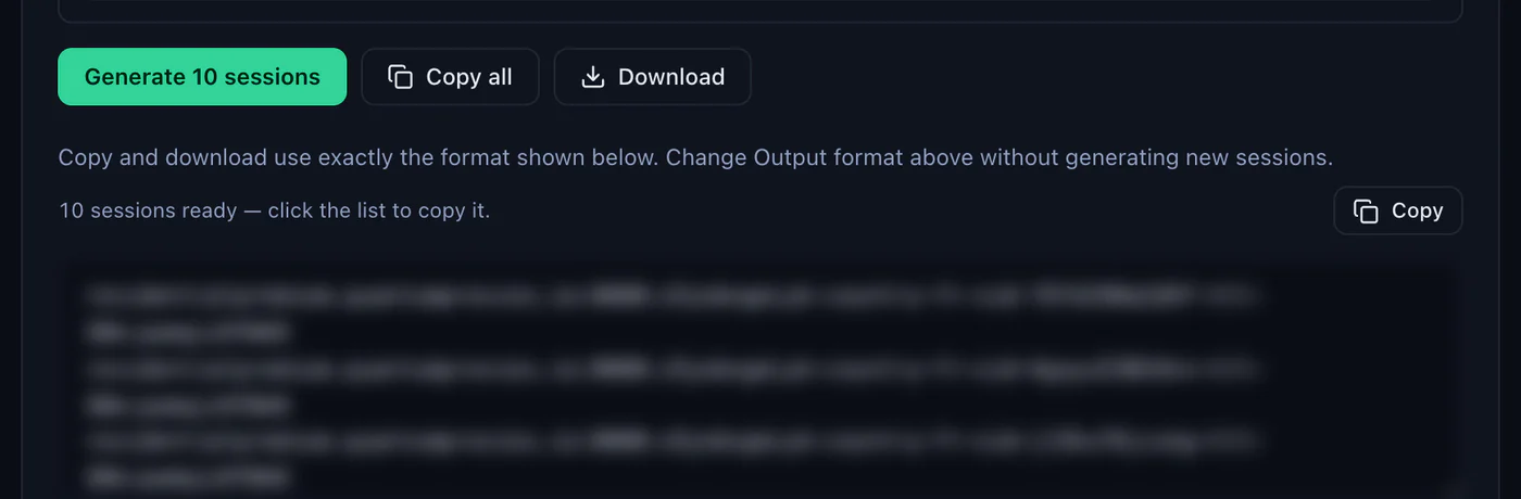The Generate 10 sessions button in the QuanticData Endpoint generator with Copy all and Download, and the list of sticky lines ready to copy, credentials blurred