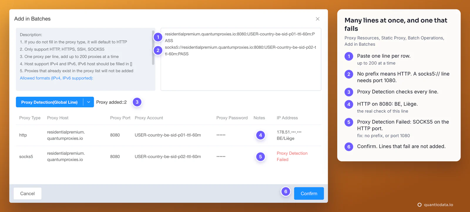 ixBrowser Add in Batches dialog with two QuanticData Belgium lines: the HTTP line on port 8080 is detected in BE/Liège, the socks5:// line on port 8080 shows Proxy Detection Failed, with six numbered notes on the HTTP default, the SOCKS5 port 1080 and that failed lines are not added