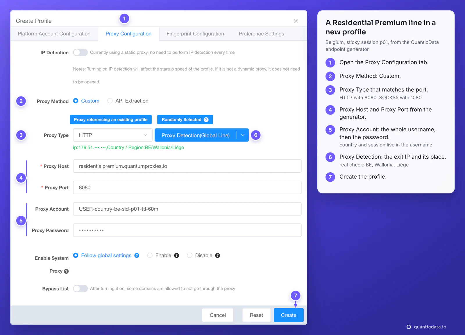 ixBrowser Create Profile box, Proxy Configuration tab, with seven numbered steps beside it: Proxy Method Custom, Proxy Type HTTP, Proxy Host residentialpremium.quantumproxies.io, Proxy Port 8080, Proxy Account USER-country-be-sid-p01-ttl-60m, the password, and the Proxy Detection result Country / Region BE/Wallonia/Liège, then Create