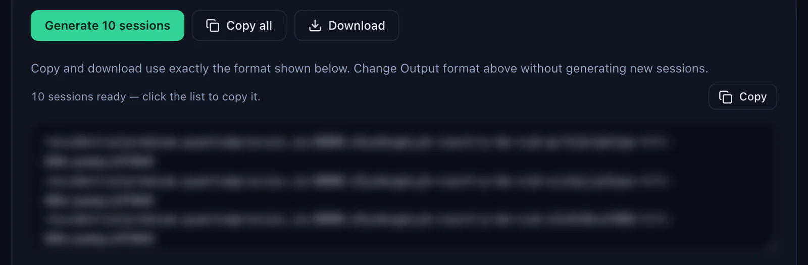The Generate 10 sessions button in the QuanticData Endpoint generator with Copy all and Download, and the list of sticky lines ready to copy, credentials blurred
