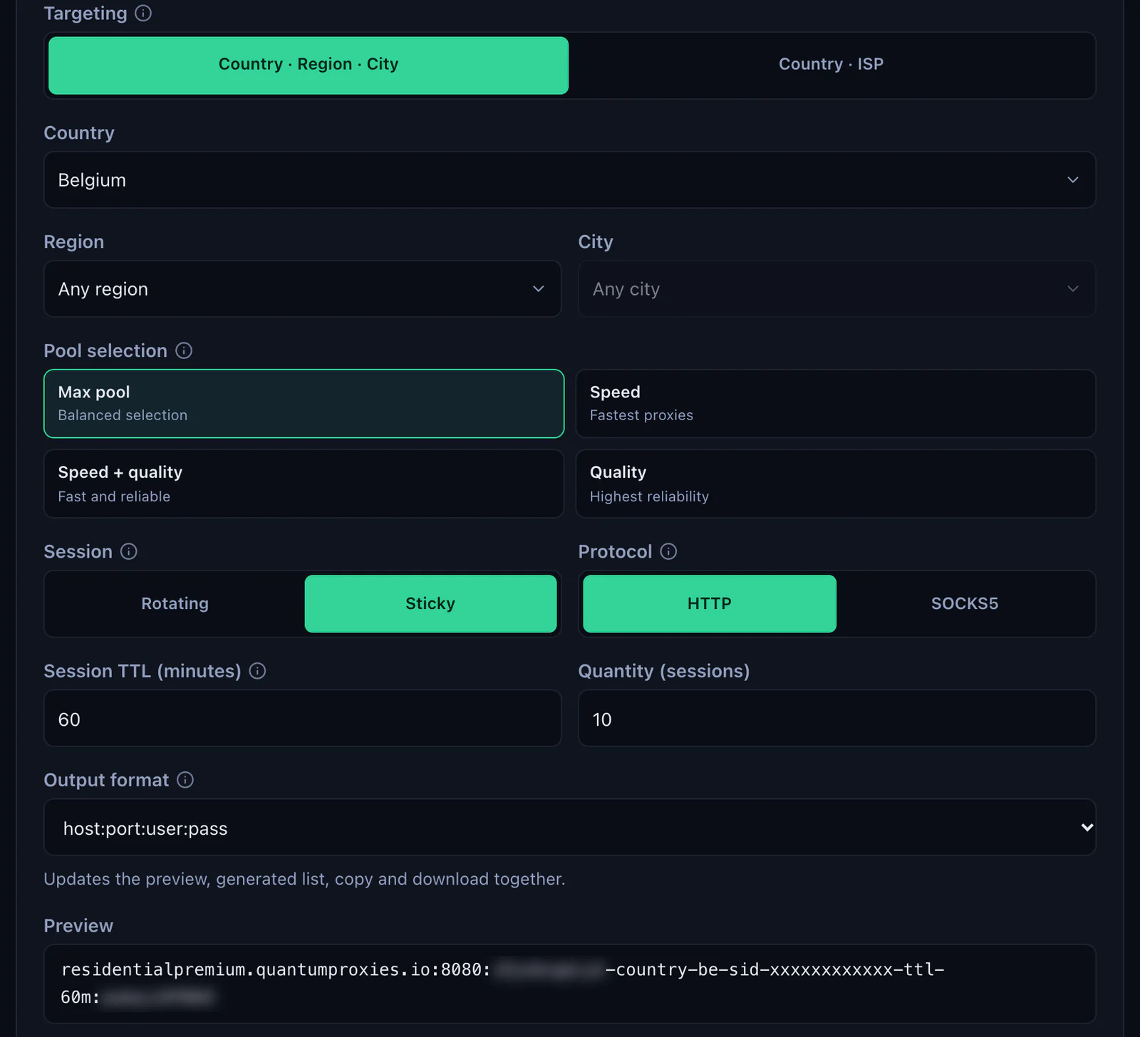 The QuanticData Endpoint generator for a Residential Premium plan: Belgium selected, Session set to Sticky with a 60-minute TTL, HTTP protocol, output format host:port:user:pass and the preview line, with the username and password blurred