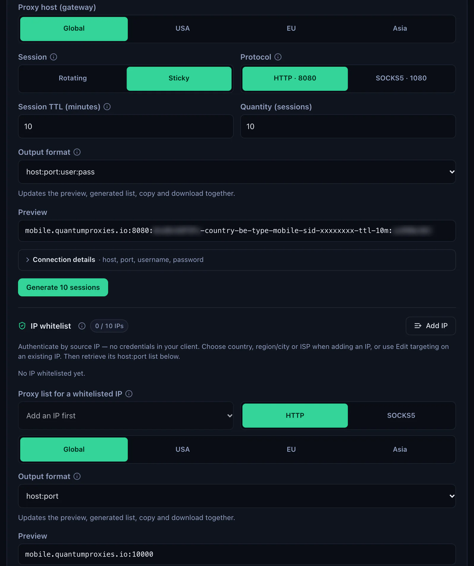 The QuanticData Mobile Endpoint generator: Belgium selected, Global, USA, EU and Asia gateways, Sticky session, HTTP 8080 or SOCKS5 1080, output format host:port:user:pass and the preview line with -type-mobile, and the IP whitelist section below, credentials blurred