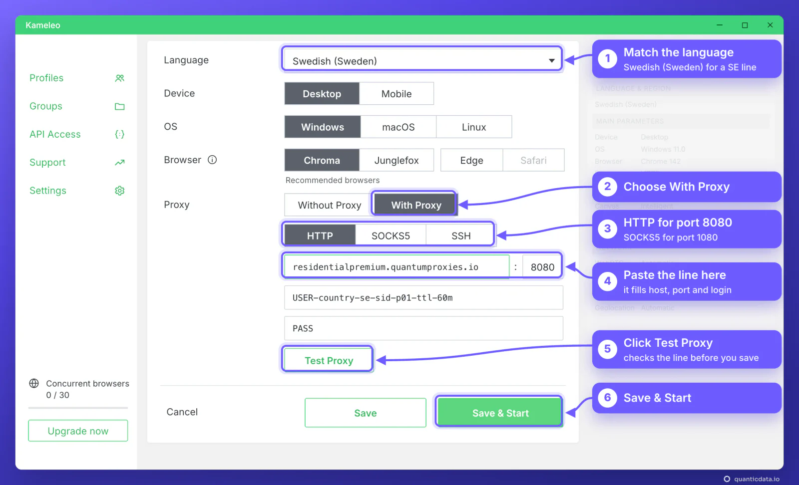 Kameleo new profile form with six numbered arrows: 1 language Swedish (Sweden) to match a Sweden proxy, 2 With Proxy, 3 HTTP for port 8080 (SOCKS5 for 1080), 4 the QuanticData line pasted and split into host residentialpremium.quantumproxies.io, port 8080, username USER-country-se-sid-p01-ttl-60m and password, 5 Test Proxy, 6 Save and Start