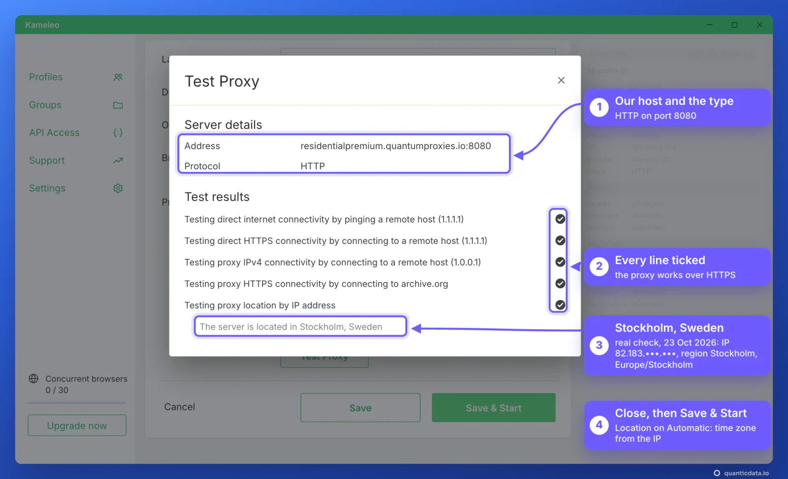 Kameleo Test Proxy window for residentialpremium.quantumproxies.io:8080 over HTTP: the connectivity and location checks ticked and the server located in Stockholm, Sweden, the result of a real check of a QuanticData Sweden sticky line on 23 October 2026, region Stockholm, time zone Europe/Stockholm, IP masked