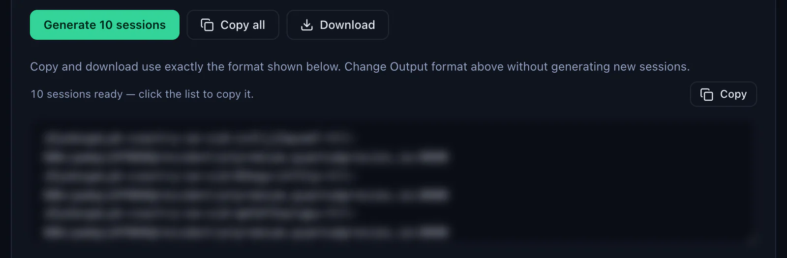 The Generate 10 sessions button in the QuanticData Endpoint generator with Copy all and Download, and the list of Sweden sticky lines ready to copy, credentials blurred