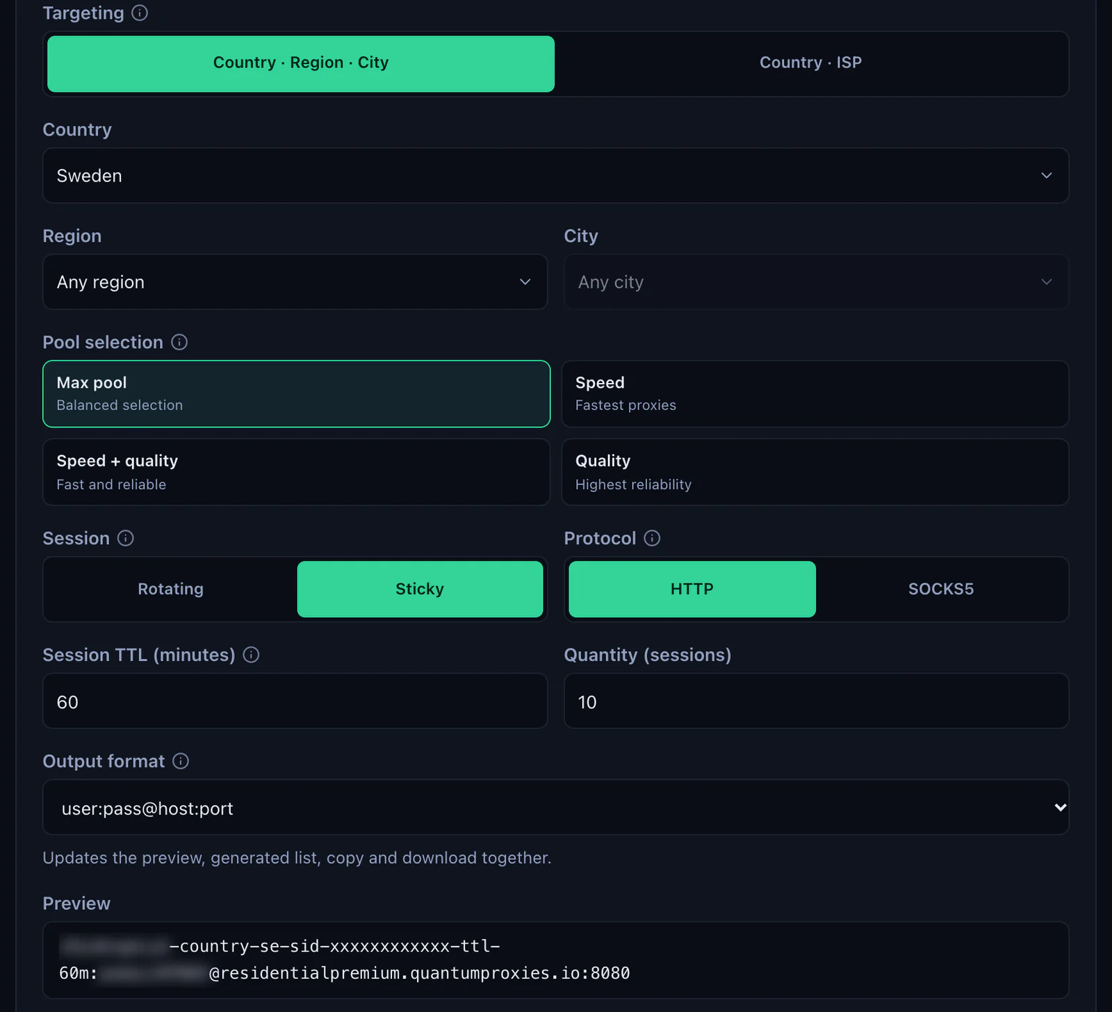 The QuanticData Endpoint generator for a Residential Premium plan: Sweden selected, Session set to Sticky with a 60-minute TTL, HTTP protocol, output format user:pass@host:port and the preview line, with the username and password blurred