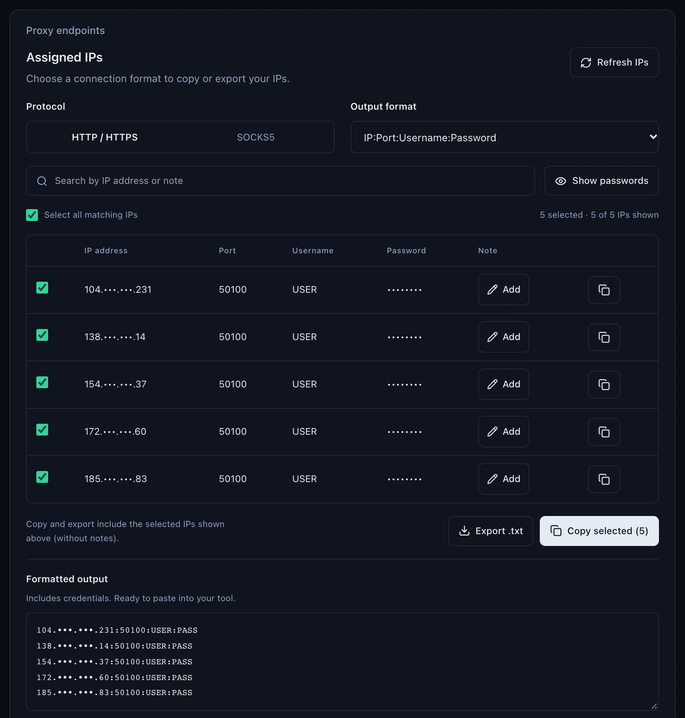 The Assigned IPs panel of a QuanticData ISP plan: Protocol HTTP / HTTPS or SOCKS5, Output format IP:Port:Username:Password, a list of fixed IPs on port 50100 with masked addresses, Export .txt, Copy selected and the formatted output ready to paste