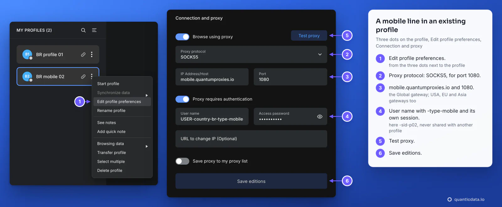The Lauth profiles list with the three-dots menu open on Edit profile preferences, and beside it the Connection and proxy panel, redrawn with a QuanticData mobile line: Proxy protocol SOCKS5, host mobile.quantumproxies.io, Port 1080, User name USER-country-br-type-mobile-sid-p02-ttl-60m, with six numbered steps
