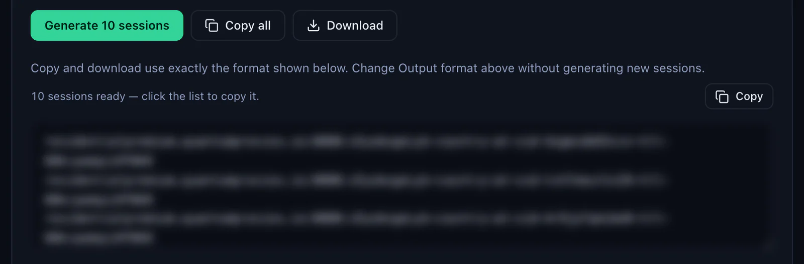 The Generate 10 sessions button in the QuanticData Endpoint generator with Copy all and Download, and the list of ten sticky lines ready to copy, credentials blurred