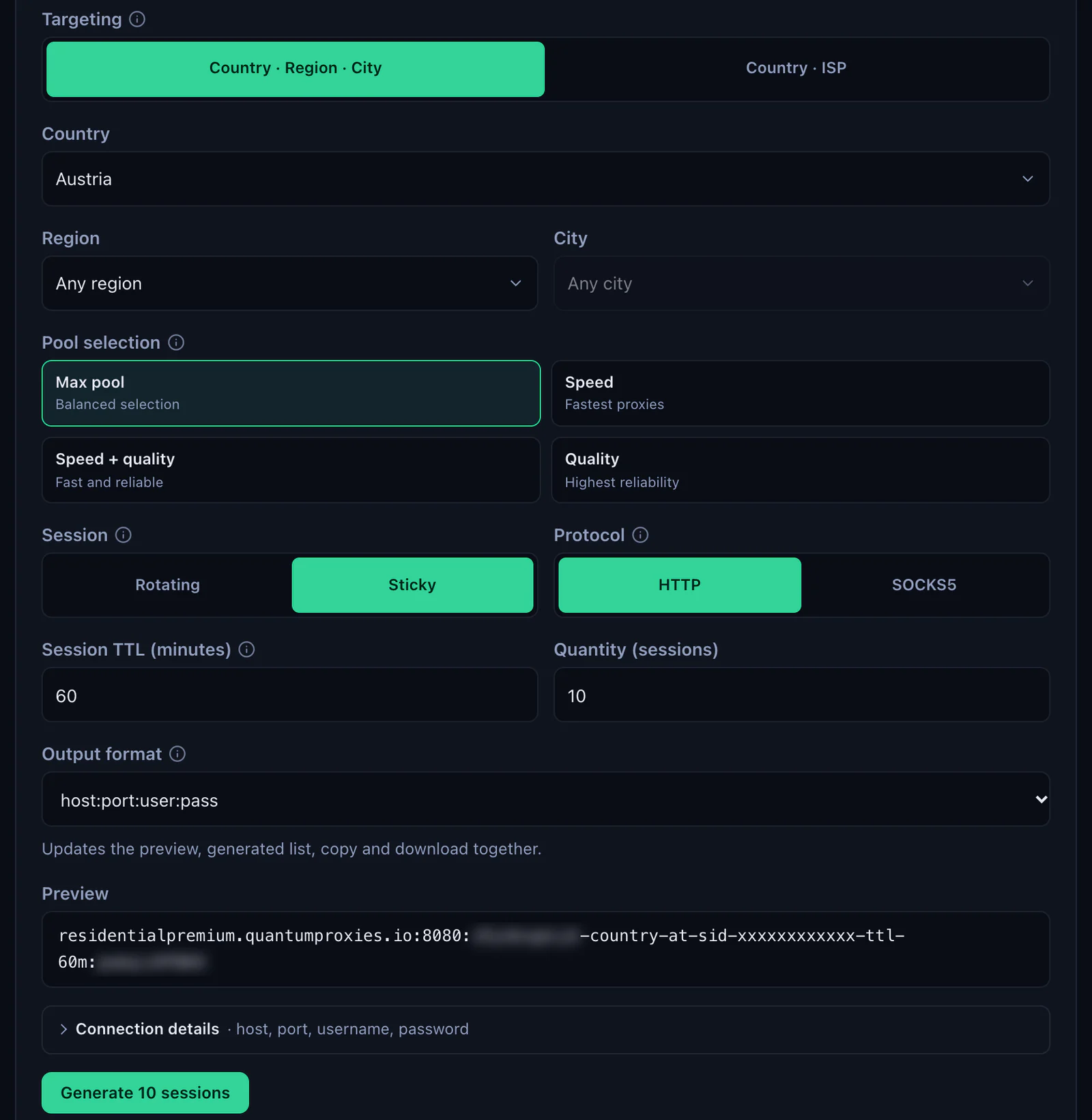 The QuanticData Endpoint generator for a Residential Premium plan: Austria selected, Session set to Sticky with a 60-minute TTL, HTTP protocol, output format host:port:user:pass and the preview line, with the username and password blurred