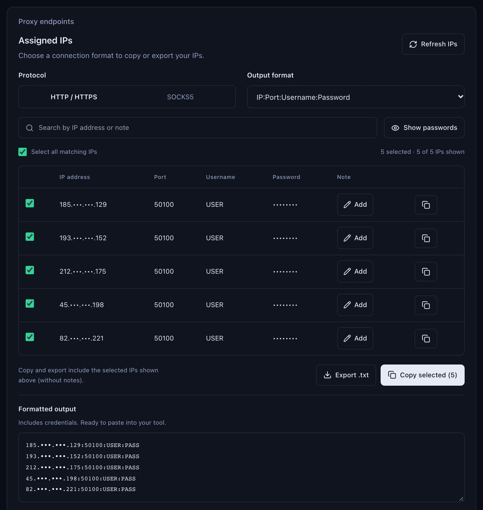 The Assigned IPs panel of a QuanticData ISP plan: Protocol HTTP / HTTPS or SOCKS5, Output format IP:Port:Username:Password, five IPs on port 50100 with masked addresses, Copy selected and Export .txt, and the formatted output ready to paste