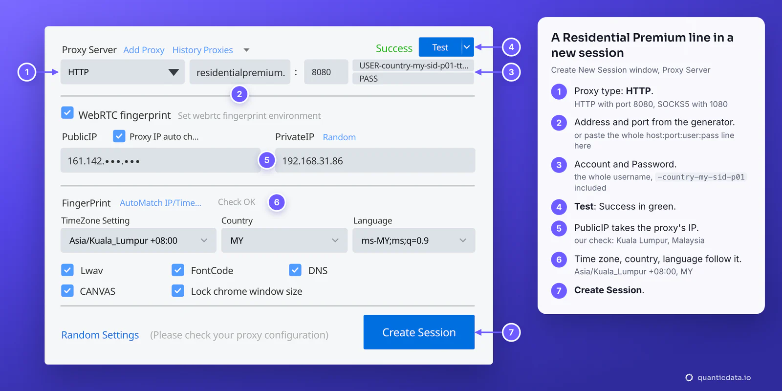The Proxy Server block of the MBBrowser Create New Session window with seven numbered steps beside it: type HTTP, address residentialpremium.quantumproxies.io and port 8080, Account USER-country-my-sid-p01-ttl-60m and Password, Test with Success in green, the PublicIP of the proxy, the time zone Asia/Kuala_Lumpur with country MY, then Create Session