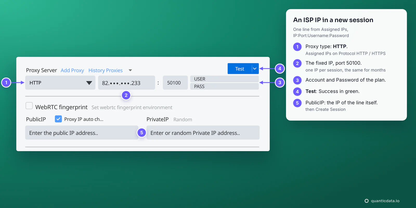 The Proxy Server block of an MBBrowser session with a QuanticData ISP line: type HTTP, the fixed IP 82 masked ending in 233, port 50100, Account USER and Password PASS, with five numbered steps beside it ending with Test and the PublicIP of the line