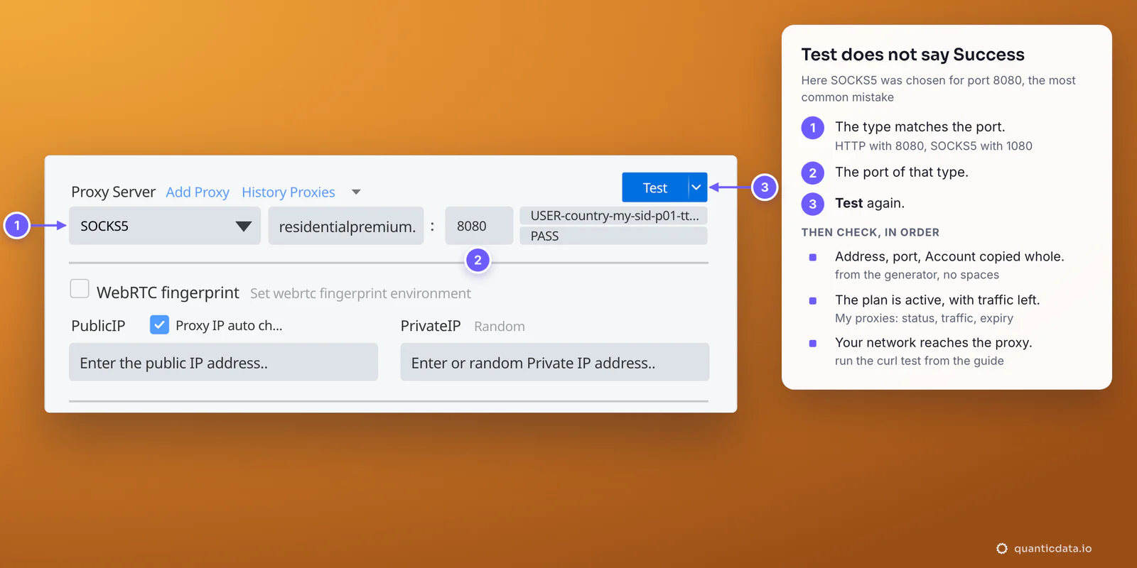 The MBBrowser Proxy Server block where Test gives no Success because SOCKS5 is selected with port 8080; numbered markers on the type, the port and the Test button, and beside it the checks in order: address, port and Account copied whole, the plan active with traffic left, the network able to reach the proxy