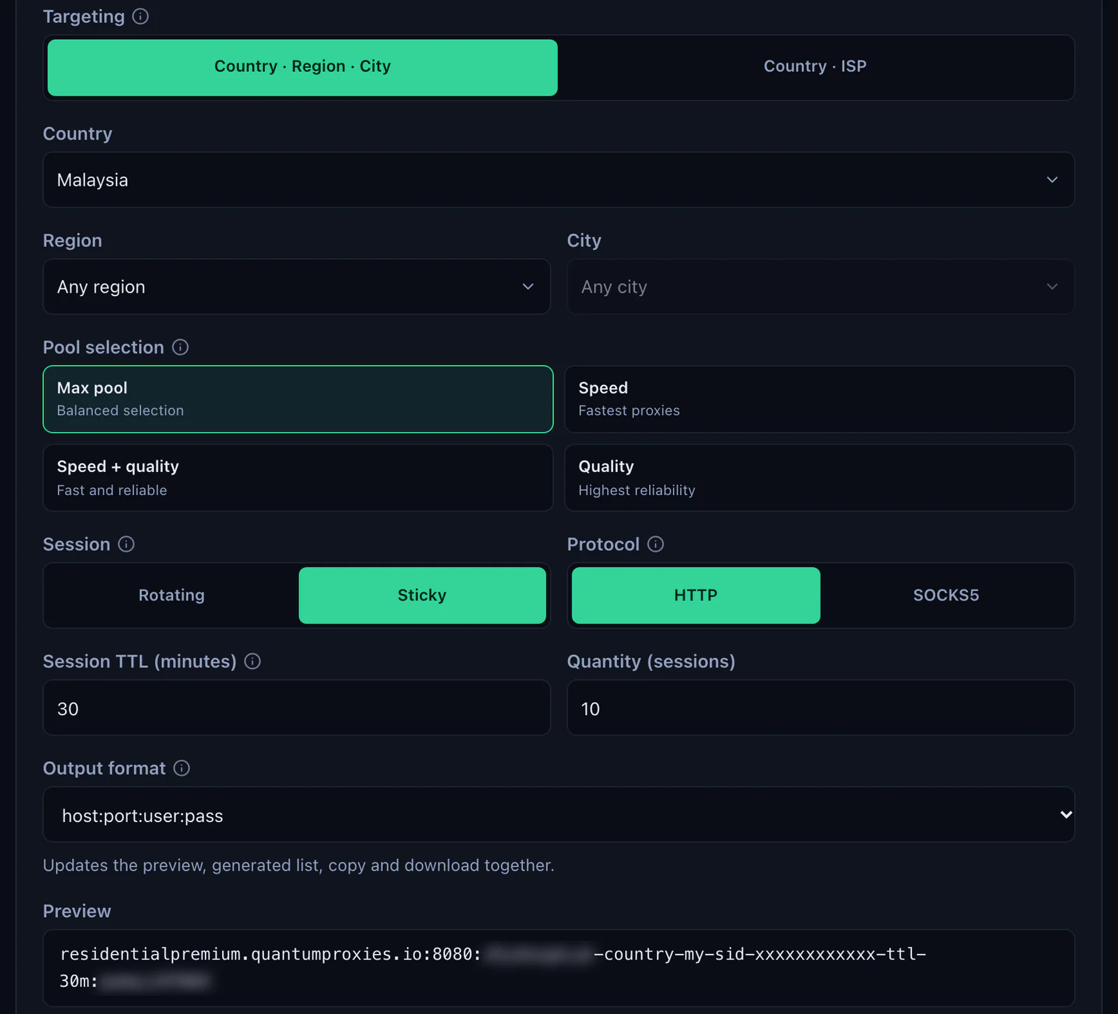 The QuanticData Endpoint generator for a Residential Premium plan: Malaysia selected, Session set to Sticky with a 30-minute TTL, HTTP protocol, output format host:port:user:pass and the preview line, with the username and password blurred