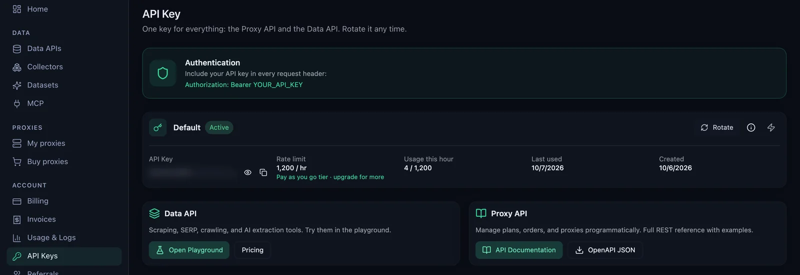 The API Key page of the QuanticData dashboard: the Default key marked Active with its value blurred and the show and copy buttons beside it, the rate limit, usage this hour and the Data API and Proxy API cards