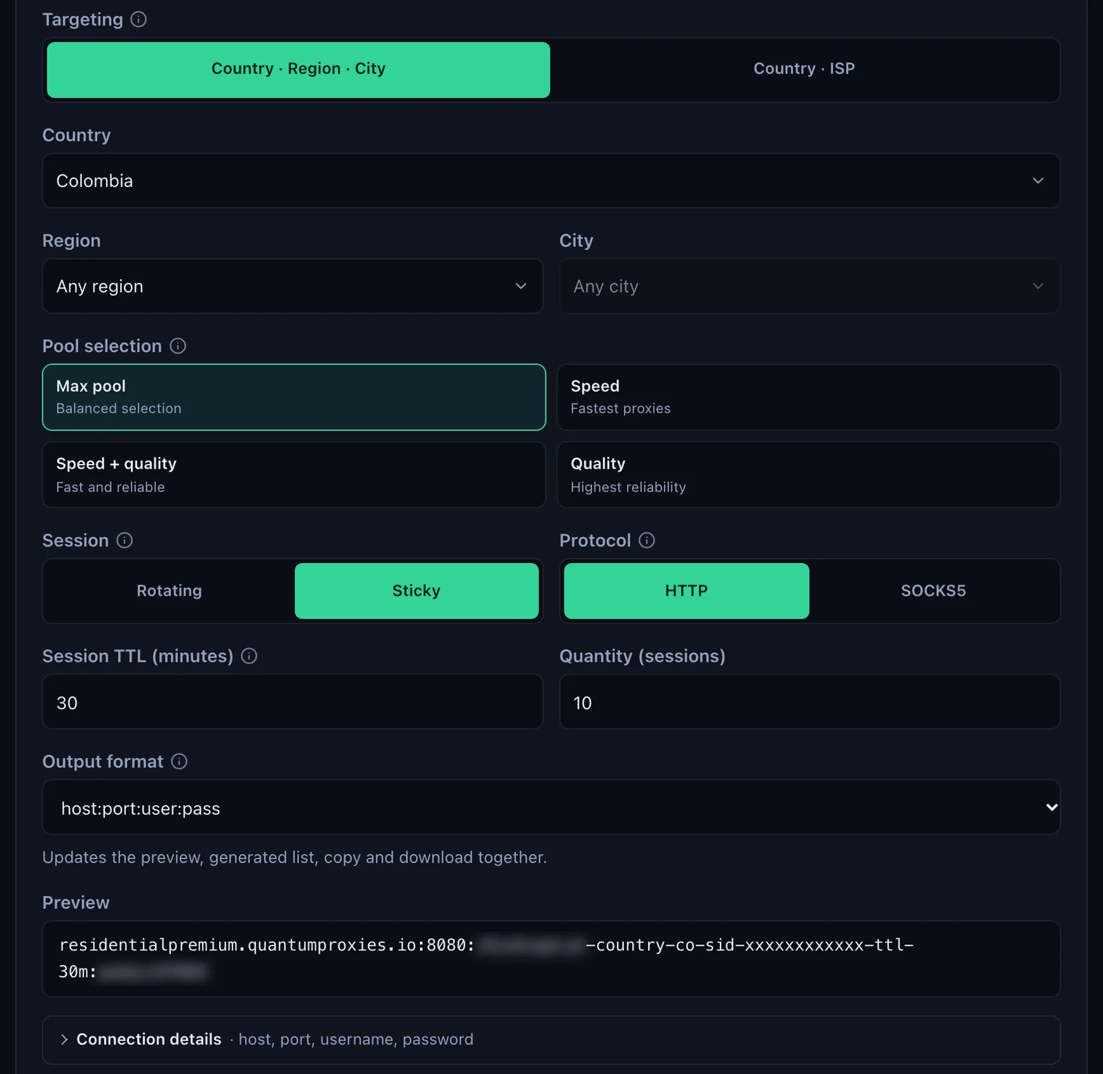 The QuanticData Endpoint generator for a Residential Premium plan: Country Colombia, Session Sticky, protocol HTTP, output format host:port:user:pass and the preview line, with the username and password blurred