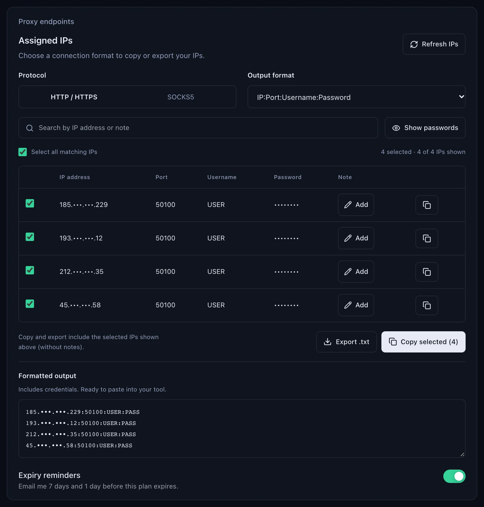 The Assigned IPs panel of an ISP plan in the QuanticData dashboard: protocol HTTP / HTTPS, output format IP:Port:Username:Password, four IPs with the middle digits masked on port 50100 with username USER and the password hidden, and the formatted output with one IP:50100:USER:PASS line per IP