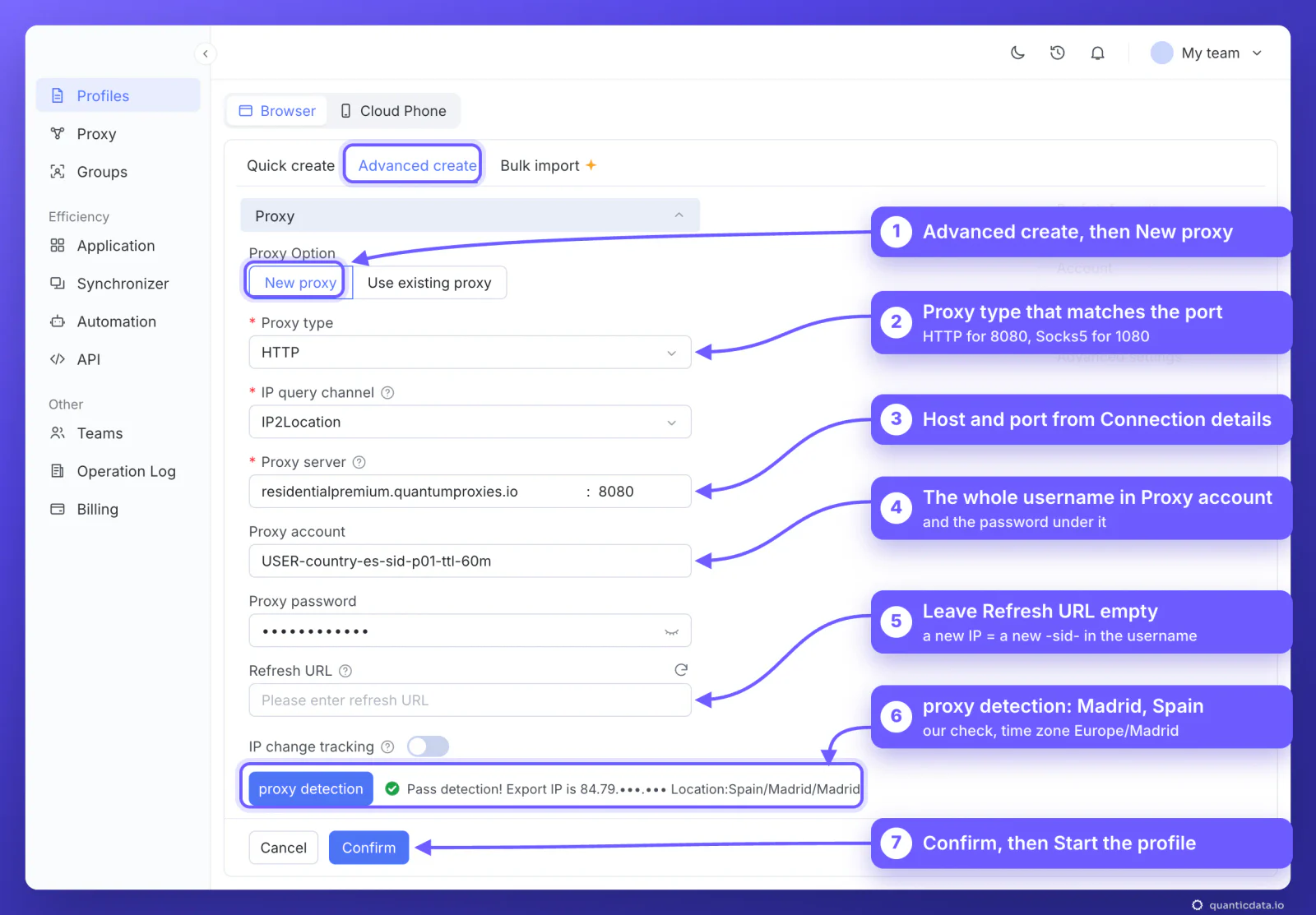 MoreLogin Advanced create window, Proxy section, with seven numbered arrows: choose New proxy, the proxy type that matches the port (HTTP 8080, Socks5 1080), host and port in Proxy server, the whole username USER-country-es-sid-p01-ttl-60m in Proxy account, leave Refresh URL empty, proxy detection passed in Madrid, Spain (IP masked), Confirm
