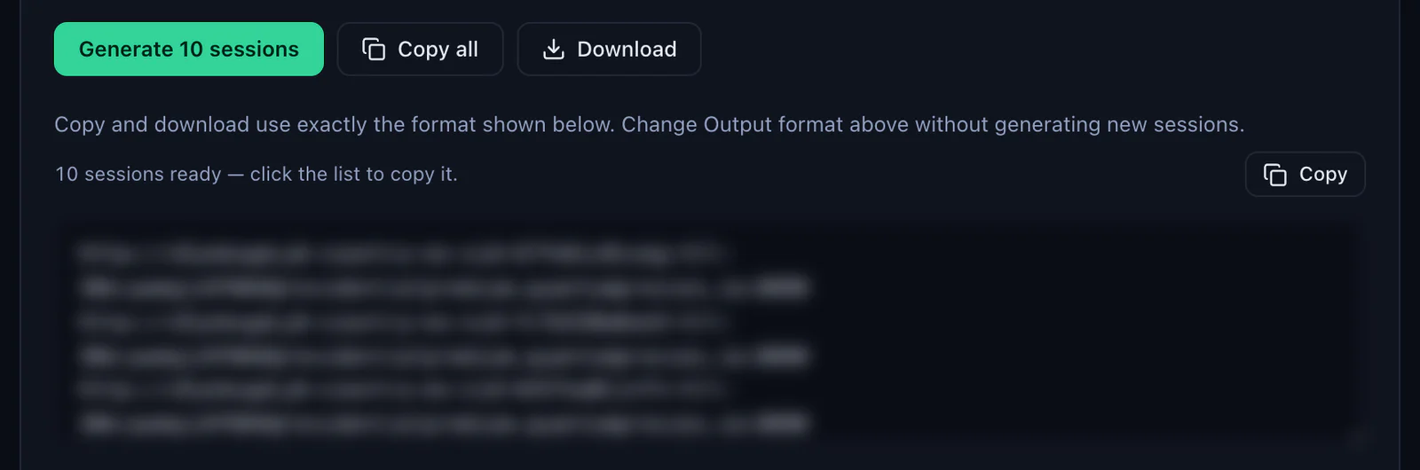 The Generate 10 sessions button in the QuanticData Endpoint generator with Copy all and Download, and the generated list of sticky lines ready to copy, credentials blurred