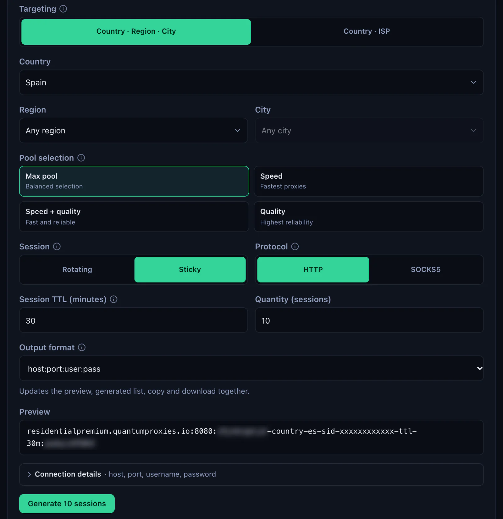 The QuanticData Endpoint generator for a Residential Premium plan: Spain selected as the country, Session set to Sticky with a 30-minute TTL, HTTP protocol, quantity 10 and the preview line with country-es in the username, credentials blurred