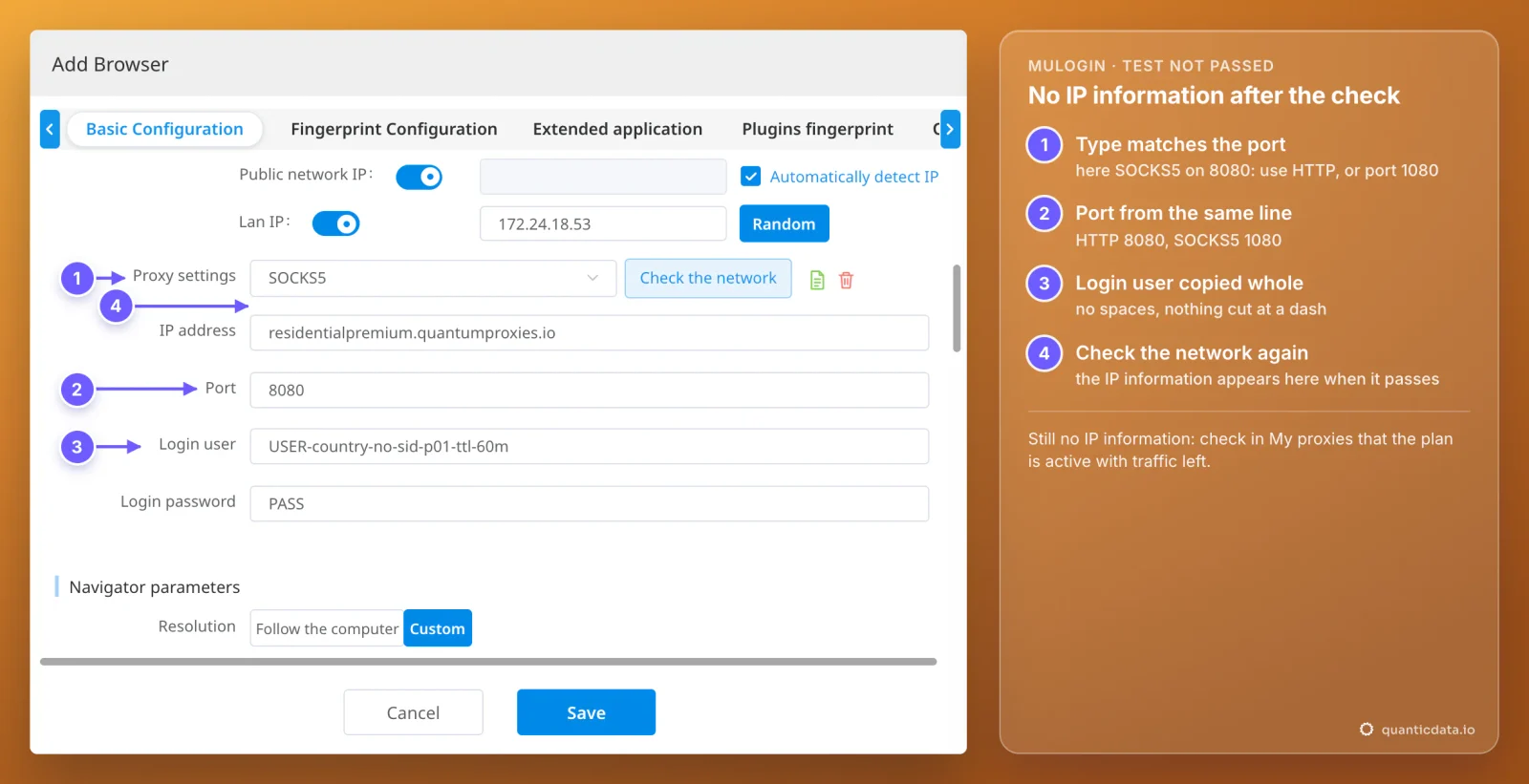 MuLogin Add Browser window where the proxy test does not pass: SOCKS5 chosen with port 8080 and no IP information under Proxy settings after Check the network; numbered notes give the checks in order: the type matches the port, the port from the same line, the login user copied whole, check again
