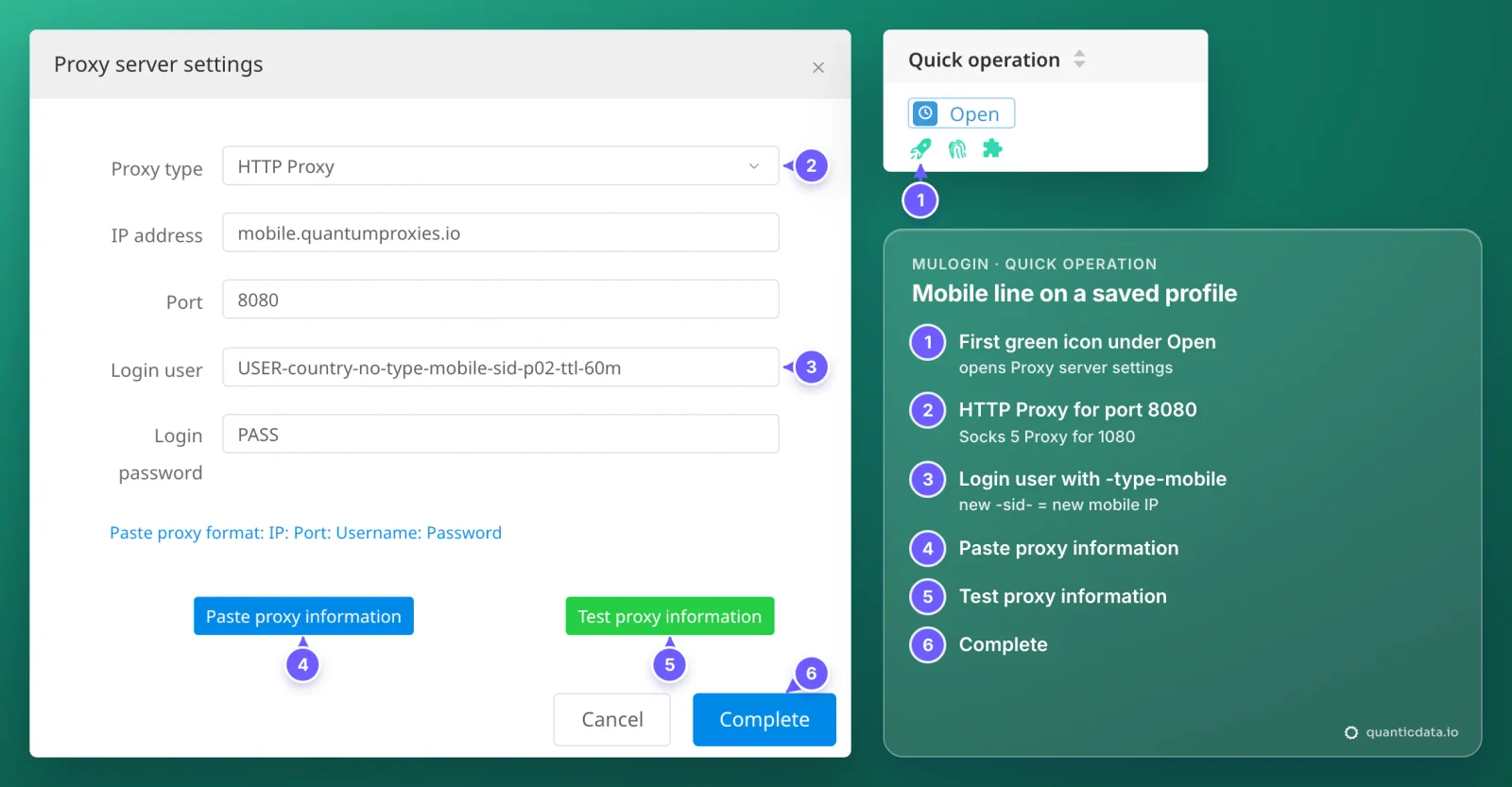 MuLogin Proxy server settings window opened from the first green icon in the Quick operation column, filled with a QuanticData mobile sticky line: HTTP Proxy, mobile.quantumproxies.io, port 8080, login user USER-country-no-type-mobile-sid-p02-ttl-60m; numbered markers for Paste proxy information, Test proxy information and Complete