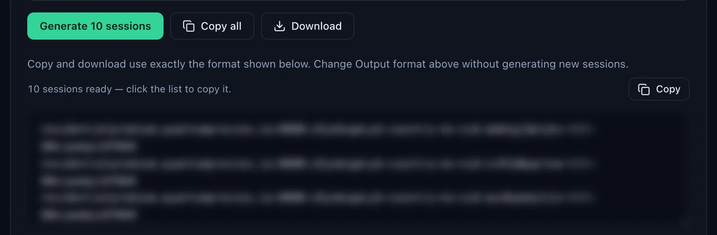 The Generate 10 sessions button in the QuanticData Endpoint generator with Copy all and Download, and the list of sticky Norway lines ready to copy, credentials blurred