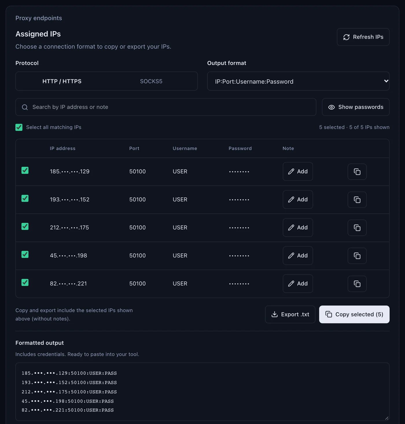 The QuanticData ISP plan page, Proxy endpoints, Assigned IPs: protocol HTTP / HTTPS or SOCKS5, output format IP:Port:Username:Password, five sample IPs masked on port 50100 with USER and a hidden password, Copy selected and Export .txt, and the formatted output ready to paste