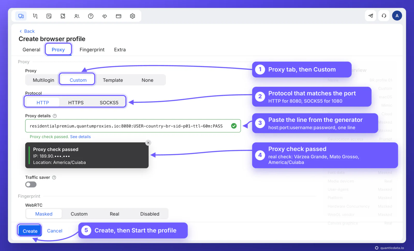 Multilogin Create browser profile page, Proxy tab, with five numbered arrows: 1 Proxy tab then Custom, 2 protocol HTTP for port 8080 (SOCKS5 for 1080), 3 the QuanticData sticky line residentialpremium.quantumproxies.io:8080 with USER-country-br-sid-p01-ttl-60m pasted in Proxy details, 4 Proxy check passed (real check: Várzea Grande, Mato Grosso, America/Cuiaba, IP masked), 5 Create, then Start