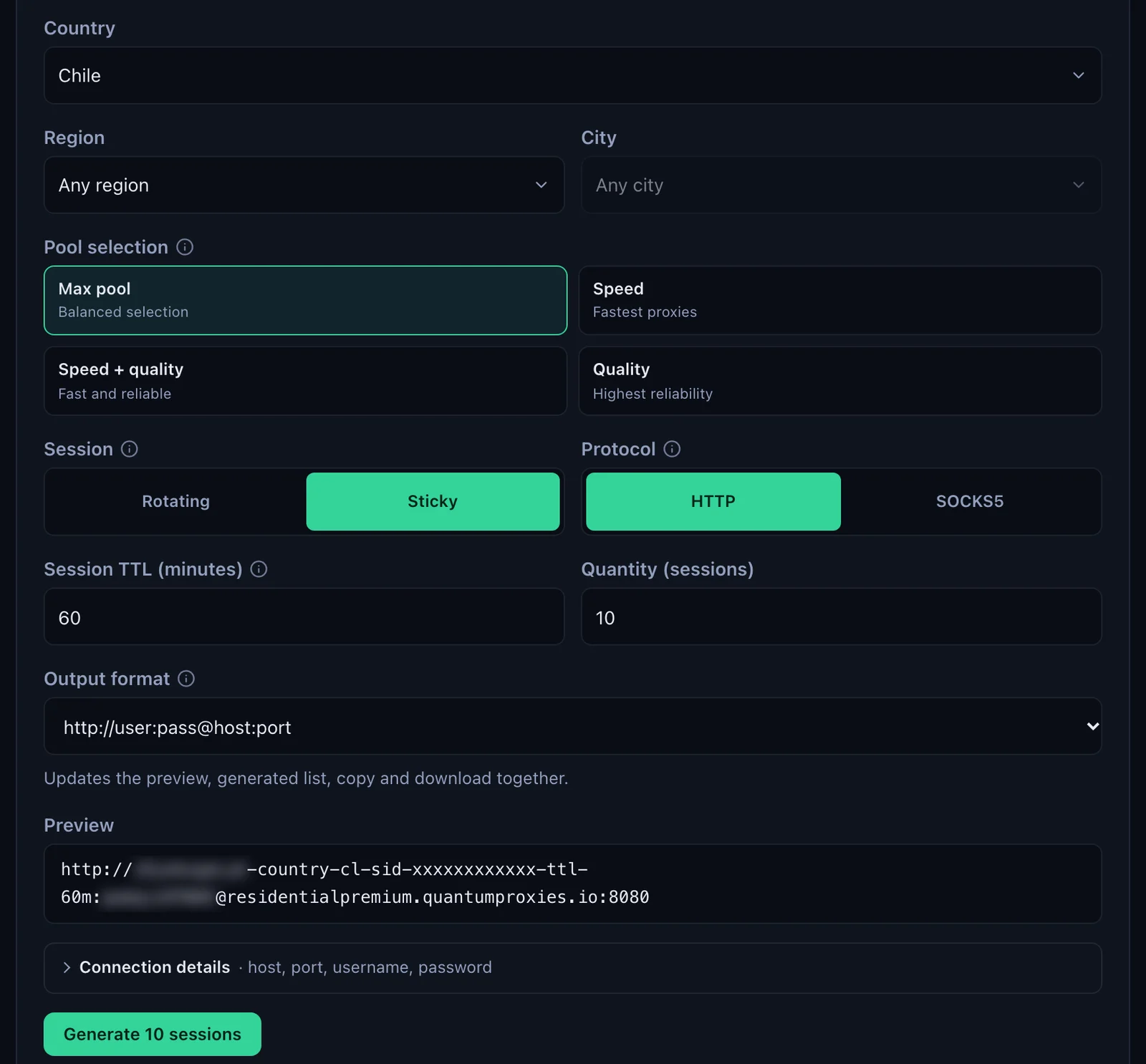 The QuanticData Endpoint generator for a Residential Premium plan: Chile selected, Session set to Sticky with a 60-minute TTL, HTTP protocol, output format http://user:pass@host:port and the preview URL on residentialpremium.quantumproxies.io:8080, with the username and password blurred