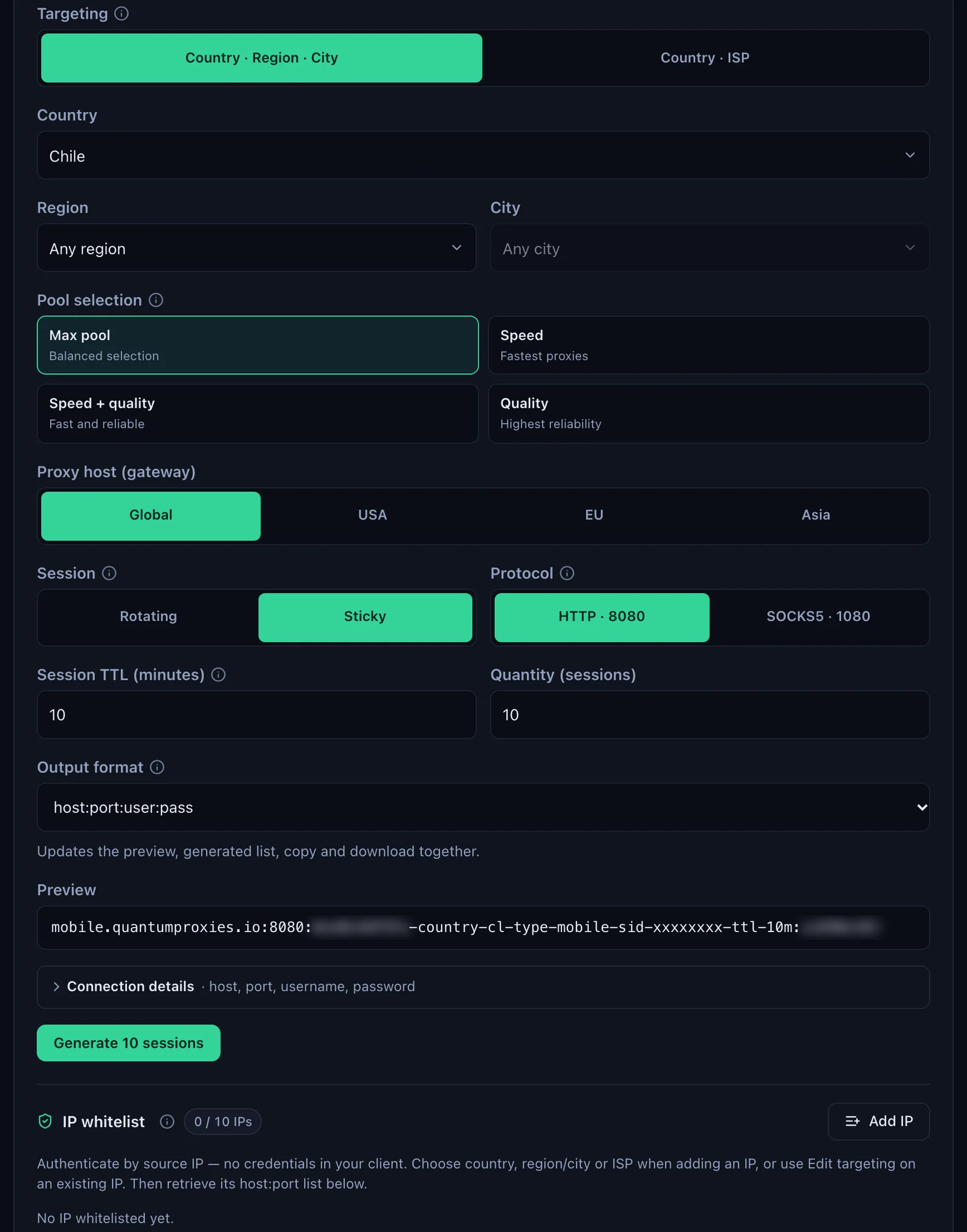 The QuanticData Mobile Endpoint generator: Chile selected, Global, USA, EU and Asia gateways, Sticky session, HTTP on port 8080 or SOCKS5 on port 1080, the preview line with -type-mobile and the IP whitelist section, credentials blurred