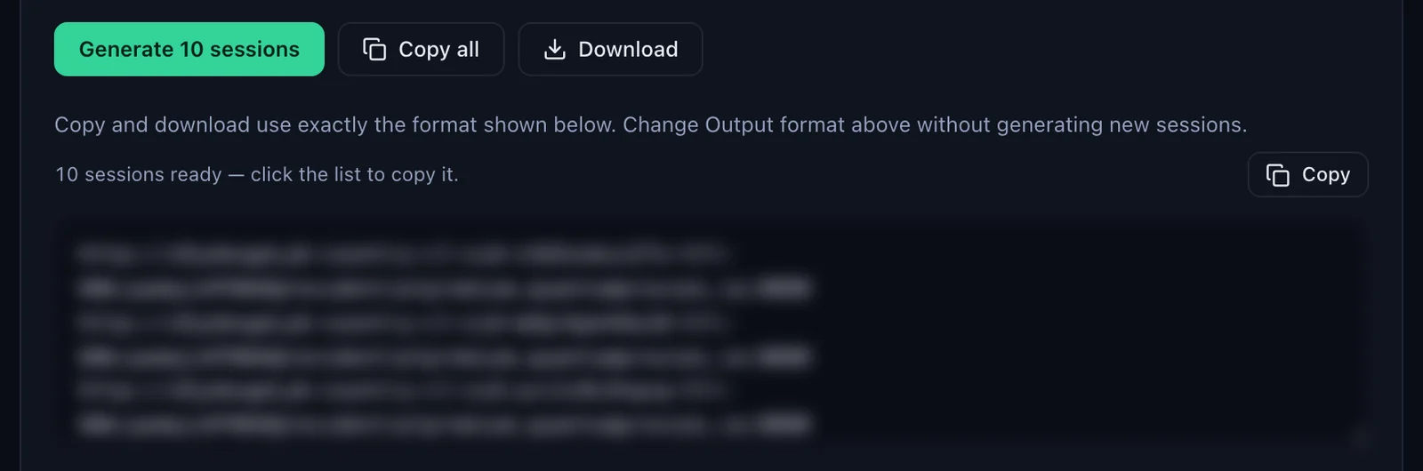The Generate 10 sessions button in the QuanticData Endpoint generator with Copy all and Download, and the list of sticky URLs ready to copy, credentials blurred