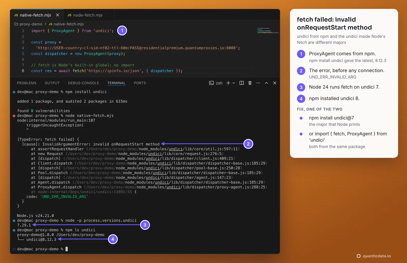 VS Code terminal with the real error TypeError: fetch failed, cause InvalidArgumentError: invalid onRequestStart method, code UND_ERR_INVALID_ARG; node -p process.versions.undici answers 7.29.1 and npm ls undici shows undici 8.12.3; beside it the fix: npm install undici@7, or import fetch and ProxyAgent from undici together