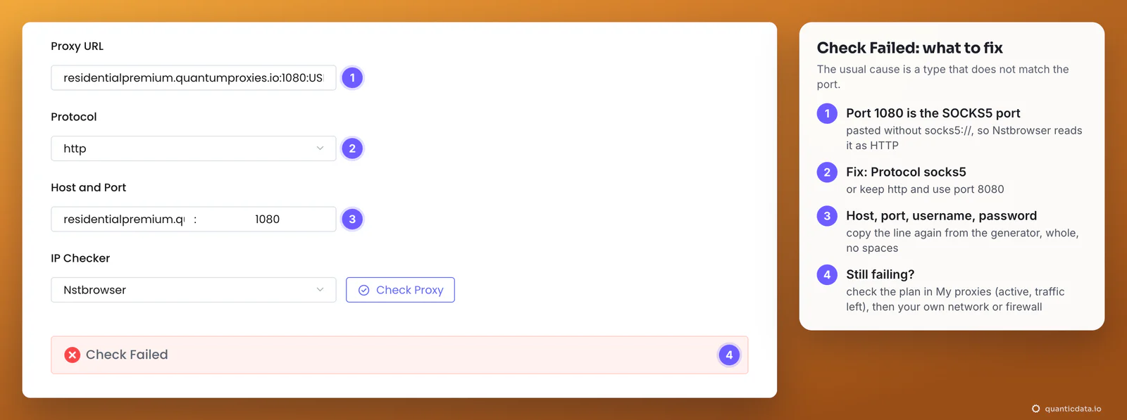 Nstbrowser proxy fields with a failed check: a QuanticData line on port 1080 pasted without socks5:// and protocol left on http, so Check Proxy fails; numbered notes say to choose socks5 or use port 8080, copy the line again whole, then check the plan and the local network