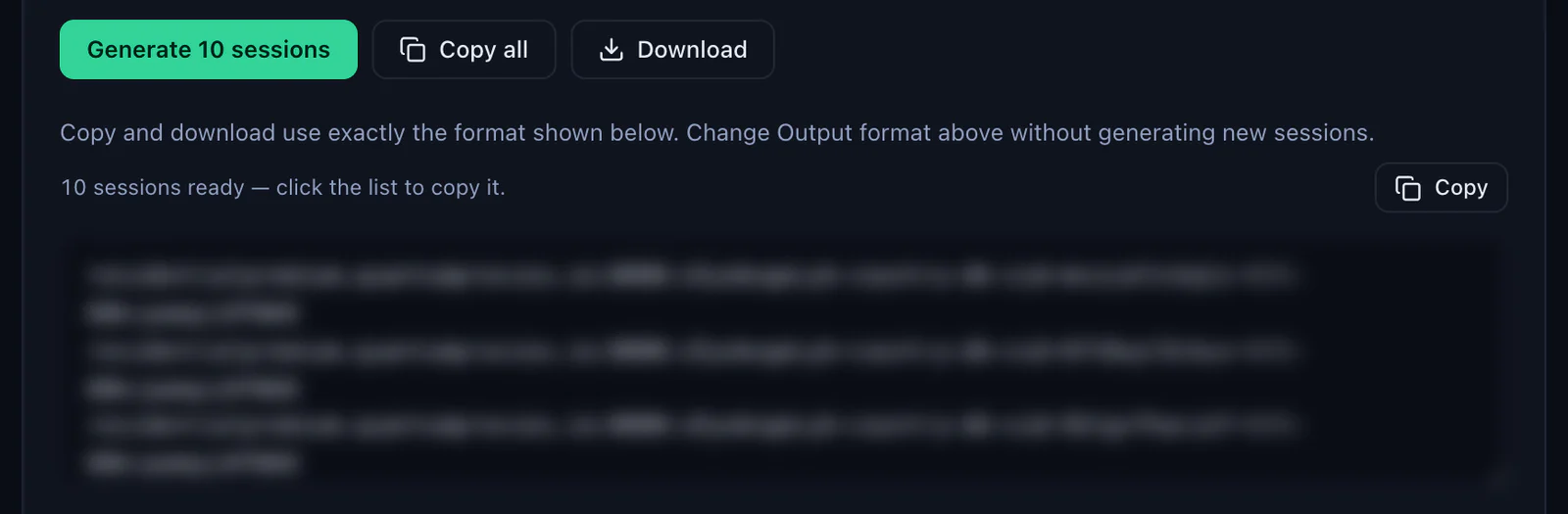 The Generate 10 sessions button in the QuanticData Endpoint generator with Copy all and Download, and the list of sticky lines for Denmark ready to copy, credentials blurred