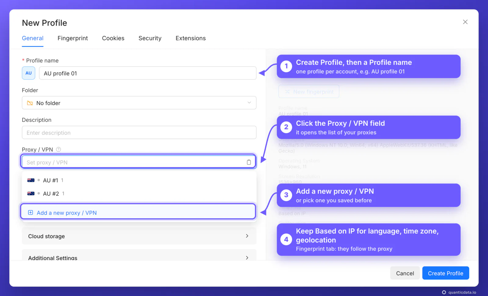 Octo Browser New Profile window, General tab, with four numbered arrows: 1 Create Profile and a Profile name (AU profile 01), 2 click the Proxy / VPN field, 3 Add a new proxy / VPN at the bottom of the list, or pick a saved proxy such as AU #1, 4 keep Languages, Timezone and Geolocation on Based on IP
