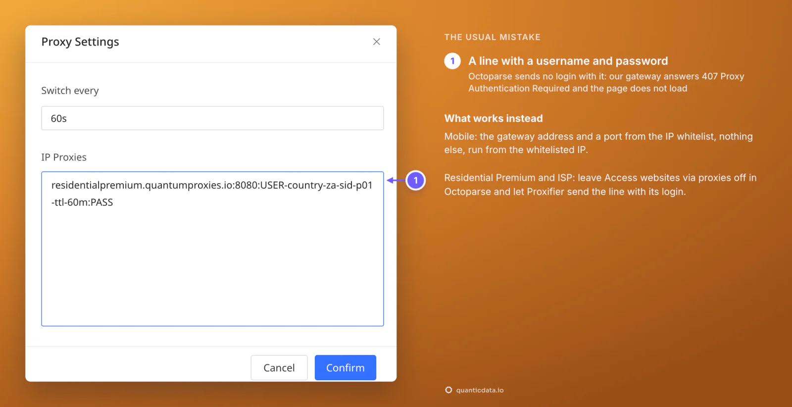 Octoparse Proxy Settings dialog with the usual mistake: a Residential Premium line with username and password pasted into IP Proxies; the note says Octoparse sends no login, so the gateway answers 407 Proxy Authentication Required, and gives the two working routes: mobile address and port from the IP whitelist, or Proxifier for Residential Premium and ISP lines