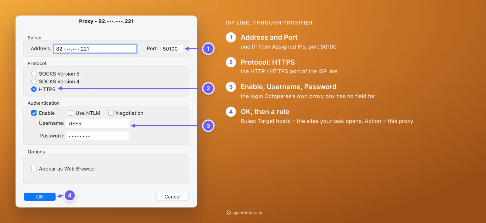 Proxifier for Mac Proxy dialog filled with a QuanticData ISP line for Octoparse: Address 82.x.x.221 masked, Port 50100, Protocol HTTPS, Authentication enabled with Username USER and the password; numbered notes: 1 address and port from Assigned IPs, 2 HTTPS, 3 the login Octoparse cannot send, 4 OK, then a rule for the sites the task opens