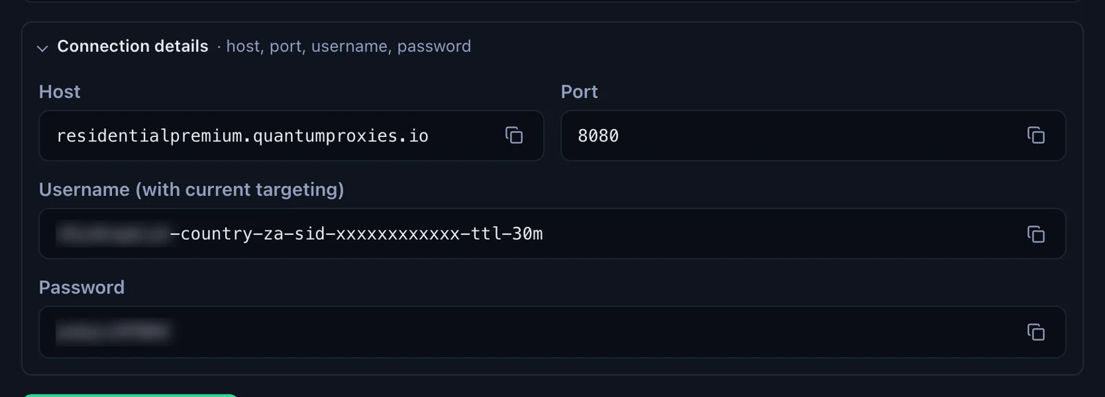 Connection details of the QuanticData Residential Premium Endpoint generator: host residentialpremium.quantumproxies.io, port 8080, the username with -country-za-sid- and -ttl-30m, and the password, each with a copy button, credentials blurred