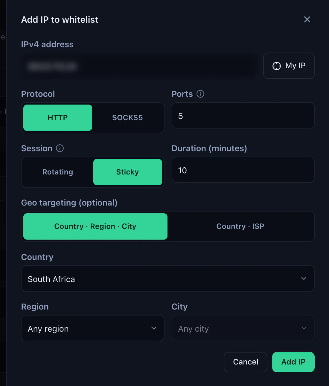 The Add IP to whitelist drawer of a QuanticData mobile plan: IPv4 address blurred with a My IP button, Protocol HTTP, Ports 5, Session Sticky, Duration (minutes) 10, Geo targeting by Country, Region, City with South Africa selected, and the Add IP button